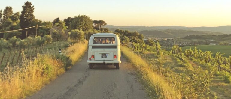 A van traveling through the country